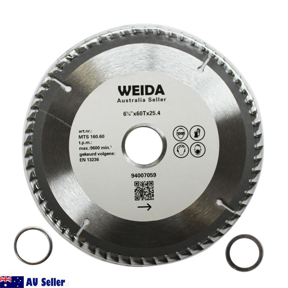 A 3x 160mm Wood Circular Saw Blade Cutting Disc 6-1/4" 60T Bore 25.4/22.2mm K2.5mm labeled "WEIDA Australia Seller" with a 160mm diameter and 60 teeth. The blade has product details and specifications, including cutting sandwich laminate, printed on it along with a QR code. Two additional metal rings are near the blade. An AU Seller logo is at the bottom left.