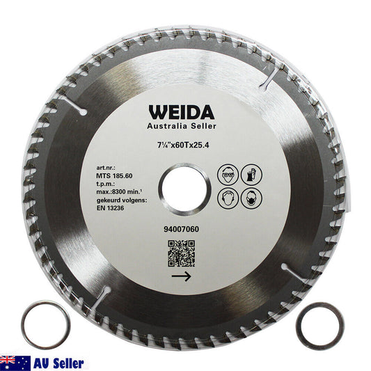 A *185mm 60T Wood Circular Saw Blade Cutting Disc 7-1/4" Bore 25.4/22.23mm K 2.5mm* with the text "WEIDA" and measurement specifications "7¼'x60Tx25.4" in the center. Various symbols indicate usage guidelines and safety information. The background is white, and two washers are placed beside the cutting disc. An "AU Seller" logo is at the bottom.
