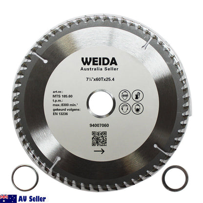 A circular saw blade labeled "WEIDA" featuring specifications MTS 185.60 and 7 1/4" x 60T x 25.4. This tungsten carbide tipped (tct), ***2x 185mm 60T Wood Circular Saw Blade Cutting Disc 7-1/4" Bore 25.4/22.23mm K2.5m*** is accompanied by a QR code, barcode (94007060), two washers, and an "AU Seller" icon in the bottom left corner.

