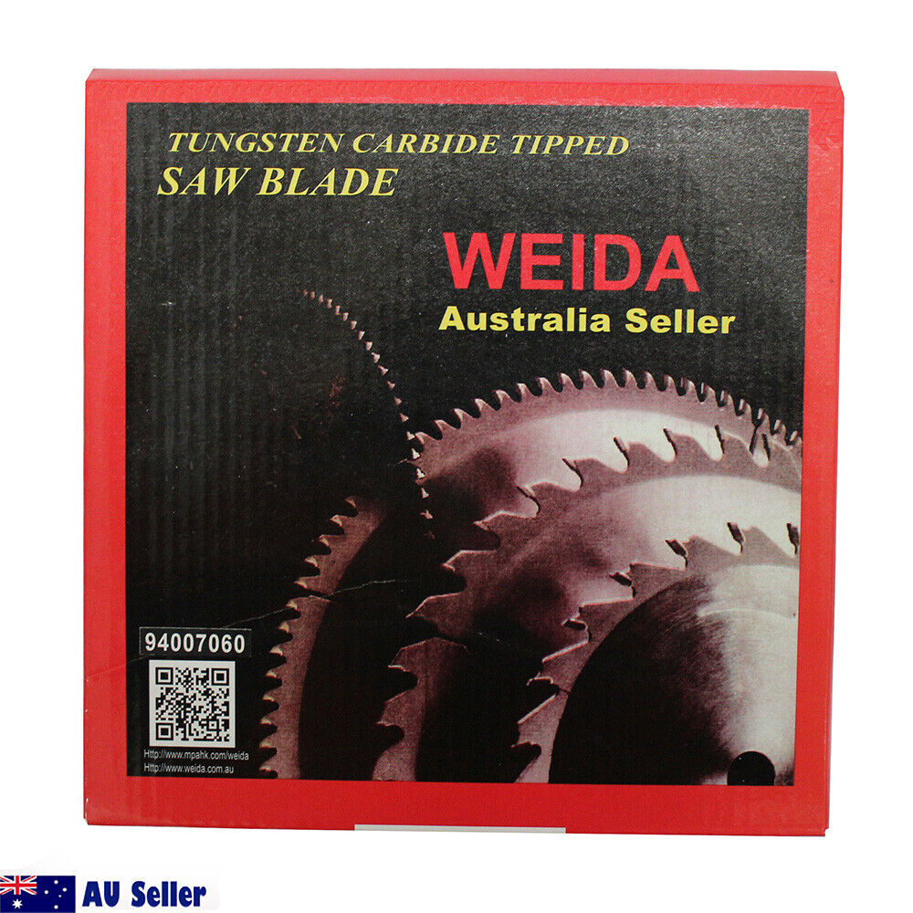 A circular saw blade labeled "WEIDA" featuring specifications MTS 185.60 and 7 1/4" x 60T x 25.4. This tungsten carbide tipped (tct), ***2x 185mm 60T Wood Circular Saw Blade Cutting Disc 7-1/4" Bore 25.4/22.23mm K2.5m*** is accompanied by a QR code, barcode (94007060), two washers, and an "AU Seller" icon in the bottom left corner.

