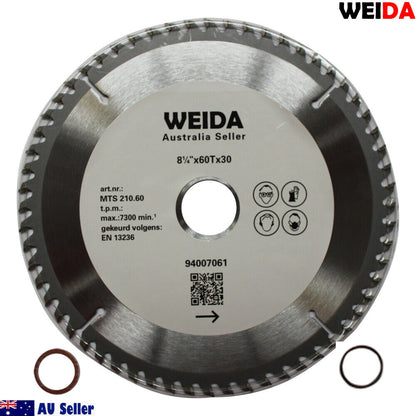 This image shows a 210mm 60T Wood Circular Saw Blade Cutting Disc 8-1/4" Bore 30/35.4mm K 2.5mm with specifications printed on it. It is 8 1/4 inches in diameter with 60 teeth, a 30mm bore, and a maximum speed of 7300 RPM, ideal for cutting laminate. The image also features "Australia Seller" text, a QR code, and two circular washers.