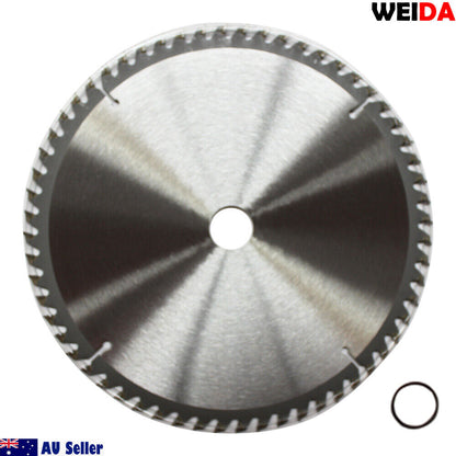 This image shows a 210mm 60T Wood Circular Saw Blade Cutting Disc 8-1/4" Bore 30/35.4mm K 2.5mm with specifications printed on it. It is 8 1/4 inches in diameter with 60 teeth, a 30mm bore, and a maximum speed of 7300 RPM, ideal for cutting laminate. The image also features "Australia Seller" text, a QR code, and two circular washers.