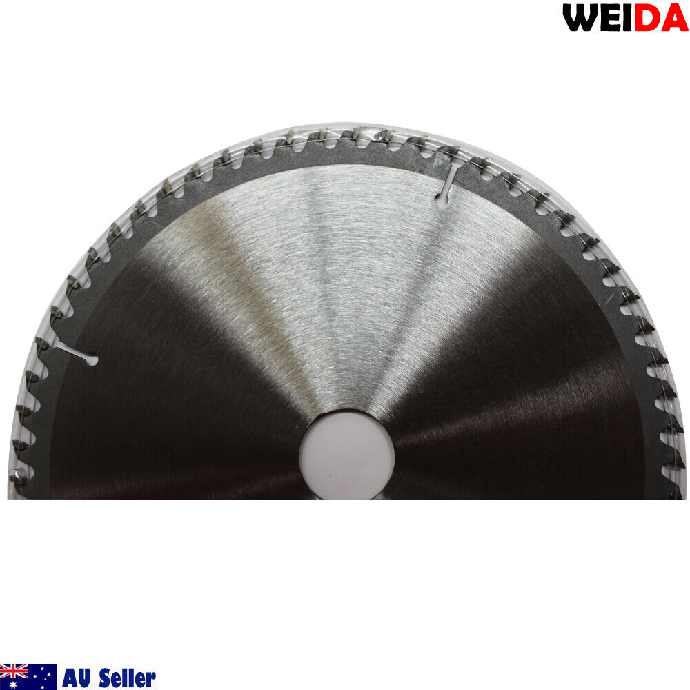 This image shows a 210mm 60T Wood Circular Saw Blade Cutting Disc 8-1/4" Bore 30/35.4mm K 2.5mm with specifications printed on it. It is 8 1/4 inches in diameter with 60 teeth, a 30mm bore, and a maximum speed of 7300 RPM, ideal for cutting laminate. The image also features "Australia Seller" text, a QR code, and two circular washers.