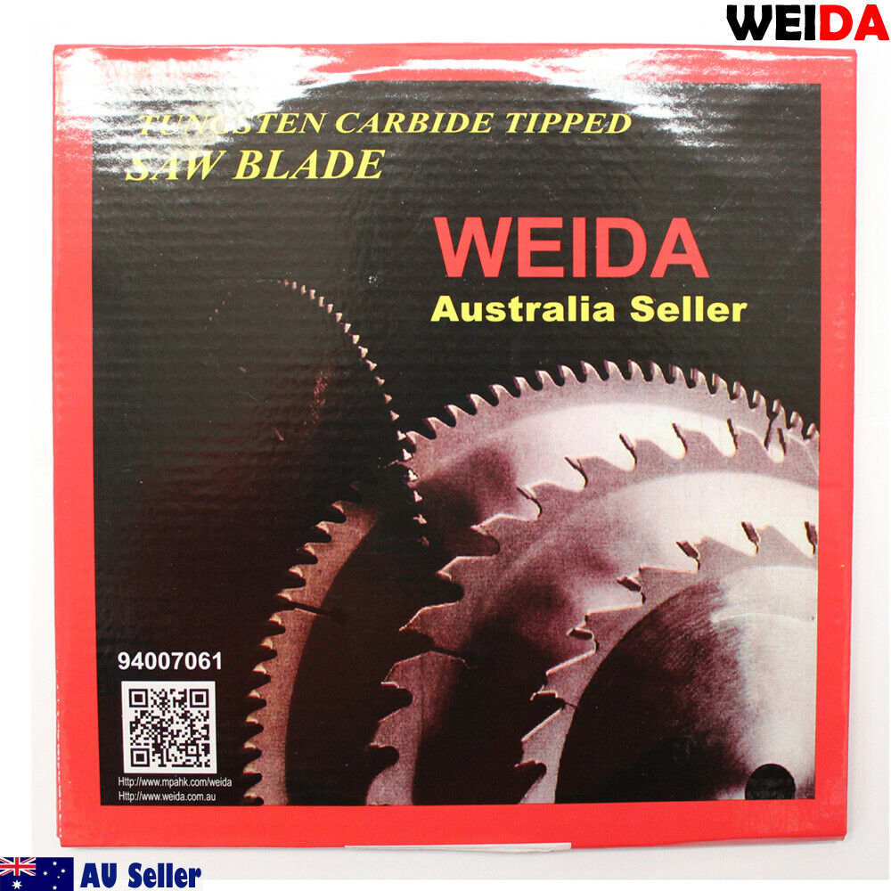 This image shows a 210mm 60T Wood Circular Saw Blade Cutting Disc 8-1/4" Bore 30/35.4mm K 2.5mm with specifications printed on it. It is 8 1/4 inches in diameter with 60 teeth, a 30mm bore, and a maximum speed of 7300 RPM, ideal for cutting laminate. The image also features "Australia Seller" text, a QR code, and two circular washers.