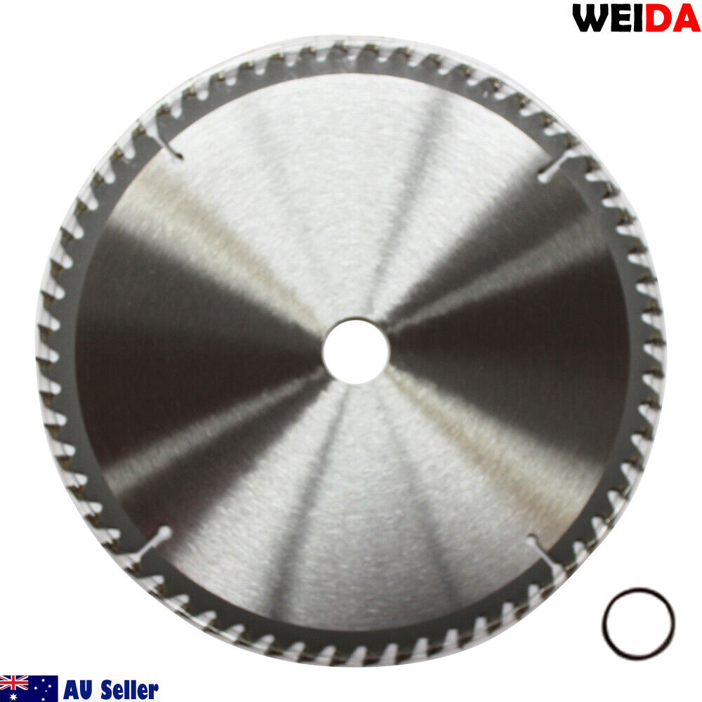 A 2x 210mm 60T Wood Circular Saw Blade Cutting Disc 8-1/4" Bore 30/35.4mm K 2.5mm labeled "WEIDA Australia Seller" with specifications: MTS 210.60, max. 7300 min-1, and compliance with EN 13236. Also shown are a QR code, safety icons for cutting sandwich laminate, and two rubber rings. "AU Seller