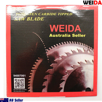 Image of a 3x Circular Saw Blade 210mm 60T Bore 30/35.4mm K 2.5mm Wood Cutting Disc 8-1/4" with specifications written on it. It reads: "WEIDA Australia Seller 8 1/4" x 60T x 30, MTS: 210.60, t.p.i, max: 7300 min-1, gekeurd volgens EN 13236." The image also includes two small rubber rings and the