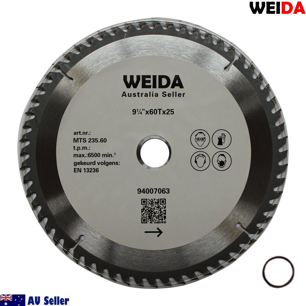 Image of a circular saw blade labeled "WEIDA" with specifications including "235mm 60T Wood Circular Saw Blade Cutting Disc 9-1/4" Bore 25/22.23mm K 2.8mm", "max: 6500 min^-1", and "EN 13236". This tungsten carbide tipped cutting disc features 60 teeth and is sold by an Australian seller, as shown by text and an Australian flag icon in the bottom left corner.