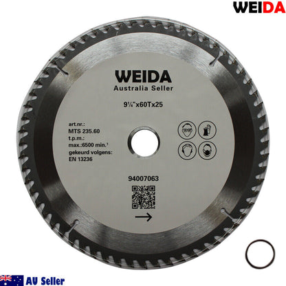 Image of a circular saw blade labeled "WEIDA" with specifications including "235mm 60T Wood Circular Saw Blade Cutting Disc 9-1/4" Bore 25/22.23mm K 2.8mm", "max: 6500 min^-1", and "EN 13236". This tungsten carbide tipped cutting disc features 60 teeth and is sold by an Australian seller, as shown by text and an Australian flag icon in the bottom left corner.