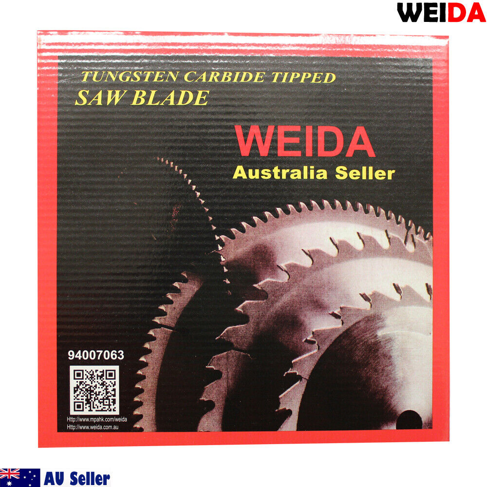 2x 235mm 60T Wood Circular Saw Blade Cutting Disc 9-1/4" Bore 25/22.23mm K 2.8mm with 60 tungsten carbide tipped teeth, labeled "WEIDA Australia Seller," 9 1/4"x60Tx25 with article number MTS 235.60. Max speed 6500 min^(-1). Contains QR code, certification symbols, Australian flag, and "AU Seller" text.