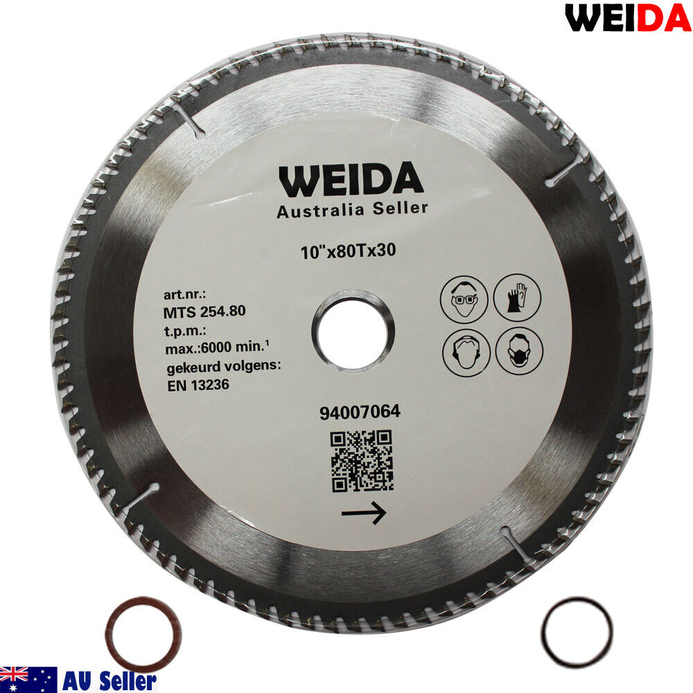 A circular saw blade branded "254mm 80T Wood Circular Saw Blade Cutting Disc 10" Bore 30/25.4mm K 2.8mm Timber" featuring specifications like 10"x80Tx30 and max 6000 min-1, tungsten carbide tipped for durability. It includes a QR code and two washers. The Australian seller's logo is at the bottom left, making it a premium cutting disc choice for woodworking.