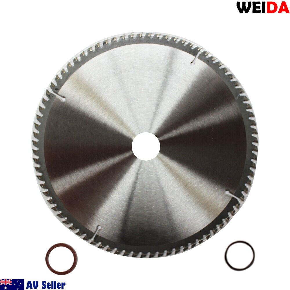 A circular saw blade branded "254mm 80T Wood Circular Saw Blade Cutting Disc 10" Bore 30/25.4mm K 2.8mm Timber" featuring specifications like 10"x80Tx30 and max 6000 min-1, tungsten carbide tipped for durability. It includes a QR code and two washers. The Australian seller's logo is at the bottom left, making it a premium cutting disc choice for woodworking.