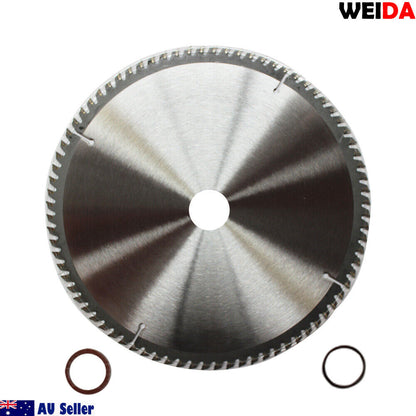 A circular saw blade branded "254mm 80T Wood Circular Saw Blade Cutting Disc 10" Bore 30/25.4mm K 2.8mm Timber" featuring specifications like 10"x80Tx30 and max 6000 min-1, tungsten carbide tipped for durability. It includes a QR code and two washers. The Australian seller's logo is at the bottom left, making it a premium cutting disc choice for woodworking.