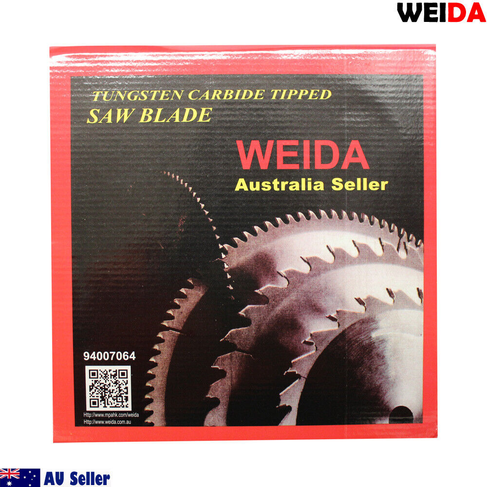 A 2x 254mm 80T Wood Circular Saw Blade Cutting Disc 10" 30/25.4mm K2.8mm Timber labeled "WEIDA Australia Seller" with specifications "10"x80T x30" and a QR code at the center. The background includes two washers, one in copper and one in black. The image also features "AU Seller" text with Australian and European flags, ideal for cutting sandwich laminate.
