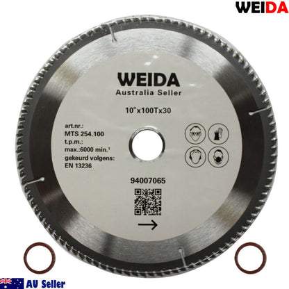 Circular saw blade branded "WEIDA" features a 254mm Wood Circular Saw Blade Cutting Disc 10" 100T Bore 30/25.4 mm K 2.8mm, with text indicating it is a 10"x100Tx30 model. Specifications include "art.nr: MTS 254.100," "t.p.m. max. 6000 min-1," and compliance with "EN 13236." Two small red rubber rings are included at