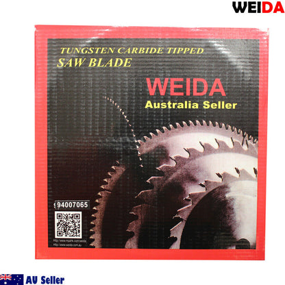 Circular saw blade branded "WEIDA" features a 254mm Wood Circular Saw Blade Cutting Disc 10" 100T Bore 30/25.4 mm K 2.8mm, with text indicating it is a 10"x100Tx30 model. Specifications include "art.nr: MTS 254.100," "t.p.m. max. 6000 min-1," and compliance with "EN 13236." Two small red rubber rings are included at