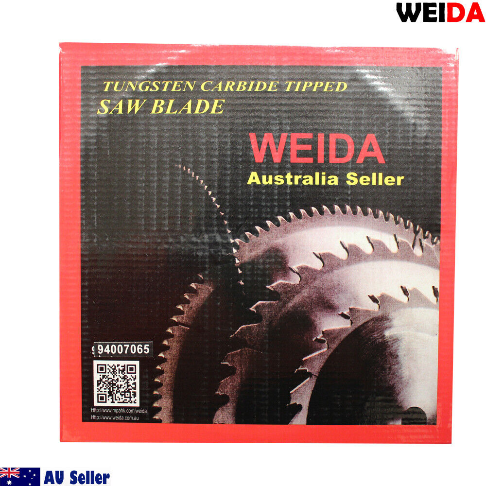 A 2x 254mm 100T Wood Circular Saw Blade Cutting Disc 10" Bore 30/25.4mm K2.8mm labeled "WEIDA Australia Seller" with specifications including 10"x100Tx30, max speed 6000 rpm, compliance code EN 13236, and additional product details. The tungsten carbide tipped blade has two small rings placed near the bottom.