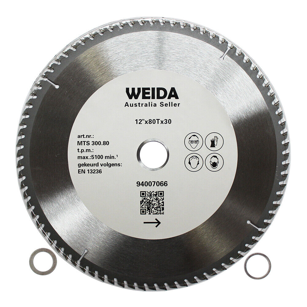 A 300mm 80T Wood Circular Saw Blade Cutting Disc 12" Bore 30/25.4/22.23 mm K 3.2mm with "WEIDA Australia Seller" printed on it. The tungsten carbide tipped blade is marked as 12"x80Tx30, with a max RPM of 5100. It includes safety icons and a QR code. Two small, separate circular metal pieces are placed next to the cutting disc.