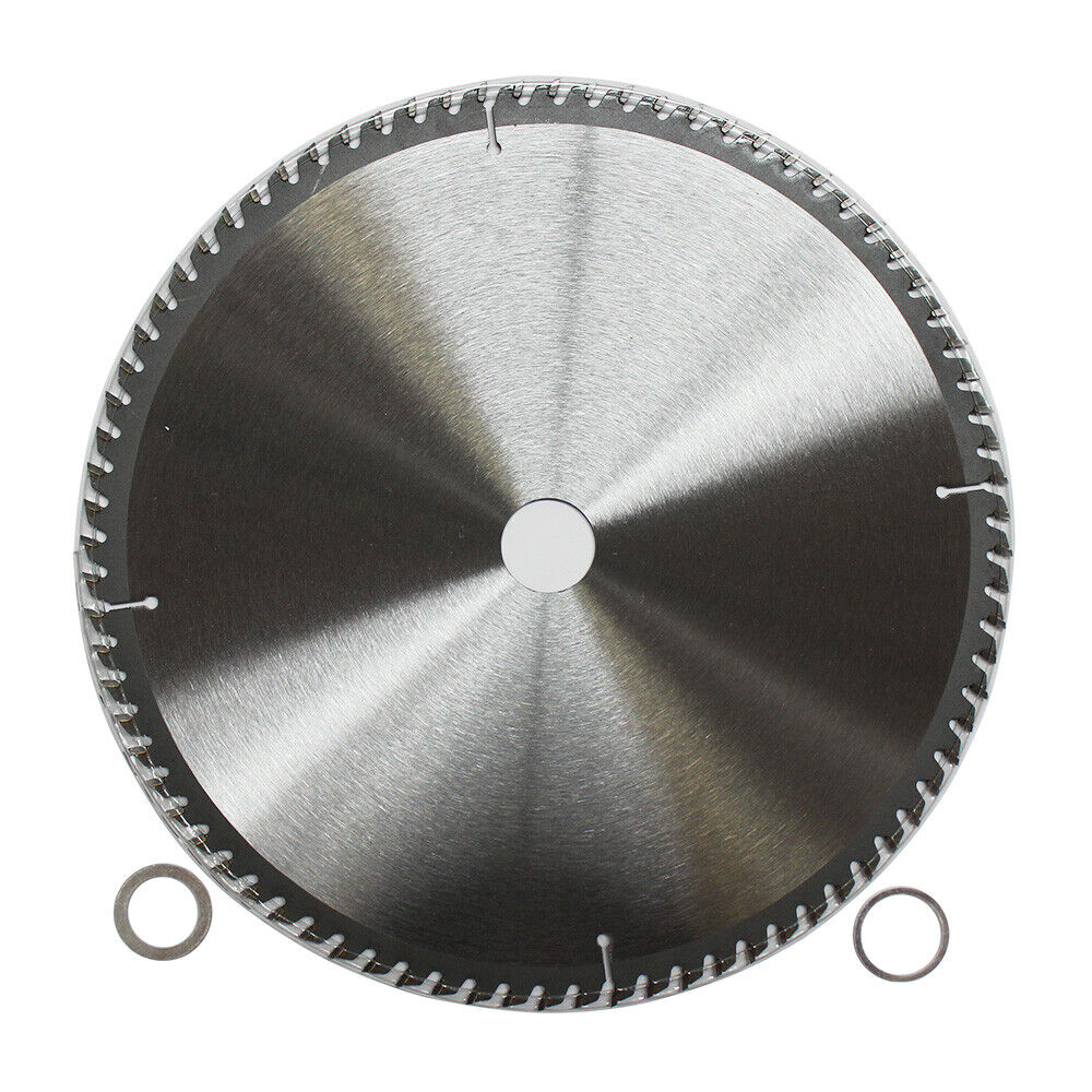 A 300mm 80T Wood Circular Saw Blade Cutting Disc 12" Bore 30/25.4/22.23 mm K 3.2mm with "WEIDA Australia Seller" printed on it. The tungsten carbide tipped blade is marked as 12"x80Tx30, with a max RPM of 5100. It includes safety icons and a QR code. Two small, separate circular metal pieces are placed next to the cutting disc.