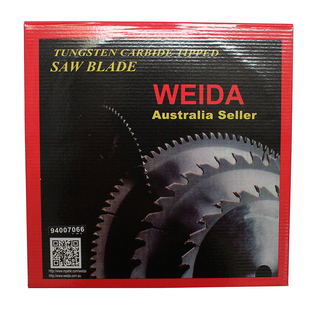 A 300mm 80T Wood Circular Saw Blade Cutting Disc 12" Bore 30/25.4/22.23 mm K 3.2mm with "WEIDA Australia Seller" printed on it. The tungsten carbide tipped blade is marked as 12"x80Tx30, with a max RPM of 5100. It includes safety icons and a QR code. Two small, separate circular metal pieces are placed next to the cutting disc.