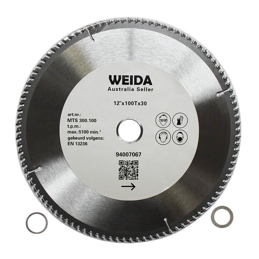 A 300mm 100T Wood Circular Saw Blade Cutting 12" Bore 30/25.4/22.23 mm K3.2mm labeled "WEIDA Australia Seller" with specifications 12"x100Tx30. The center of the tungsten carbide tipped (TCT) blade shows details about model, speed, and compliance. Two small washer rings are placed on either side of this cutting disc.