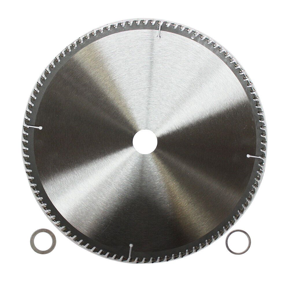 A 300mm 100T Wood Circular Saw Blade Cutting 12" Bore 30/25.4/22.23 mm K3.2mm labeled "WEIDA Australia Seller" with specifications 12"x100Tx30. The center of the tungsten carbide tipped (TCT) blade shows details about model, speed, and compliance. Two small washer rings are placed on either side of this cutting disc.