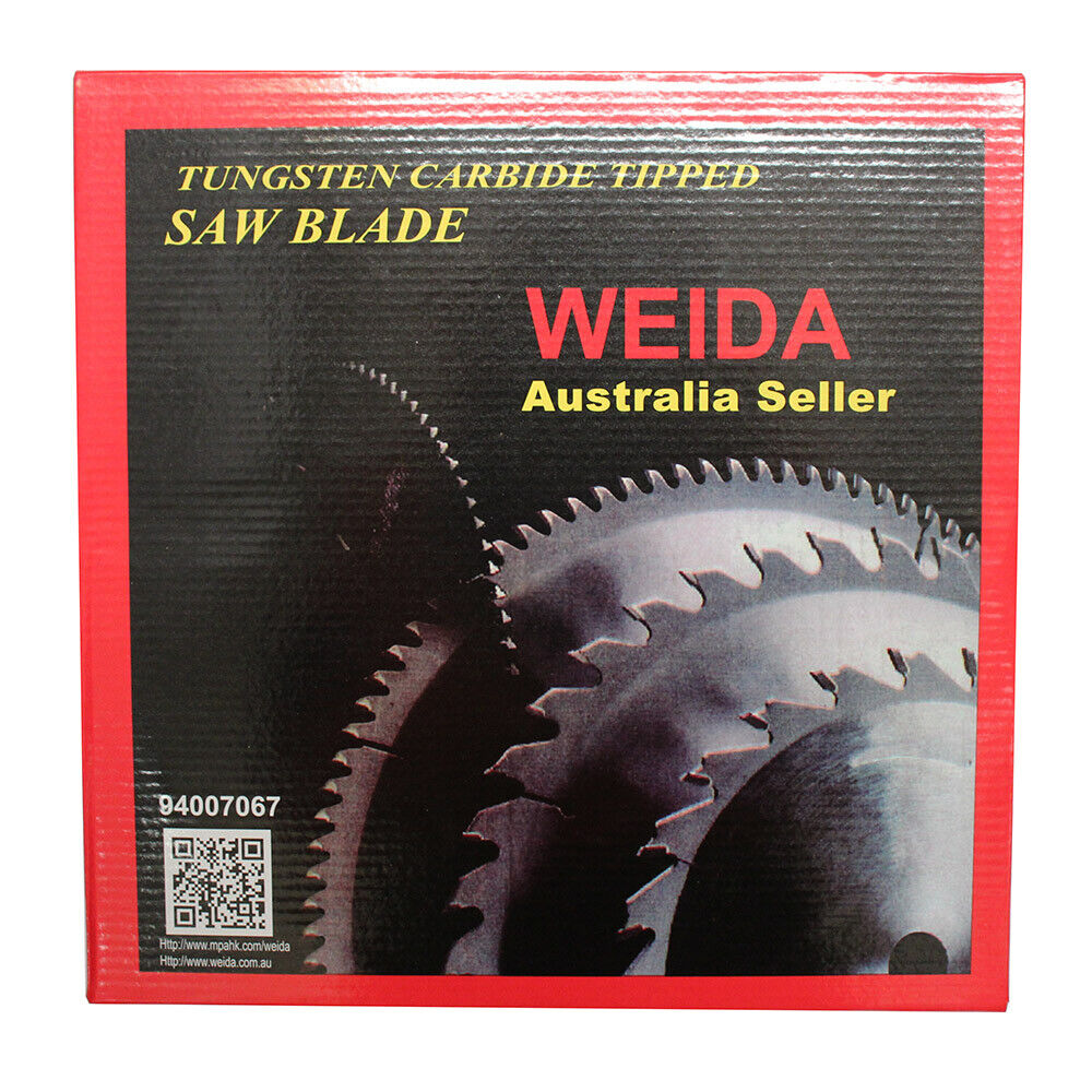 A 300mm 100T Wood Circular Saw Blade Cutting 12" Bore 30/25.4/22.23 mm K3.2mm labeled "WEIDA Australia Seller" with specifications 12"x100Tx30. The center of the tungsten carbide tipped (TCT) blade shows details about model, speed, and compliance. Two small washer rings are placed on either side of this cutting disc.