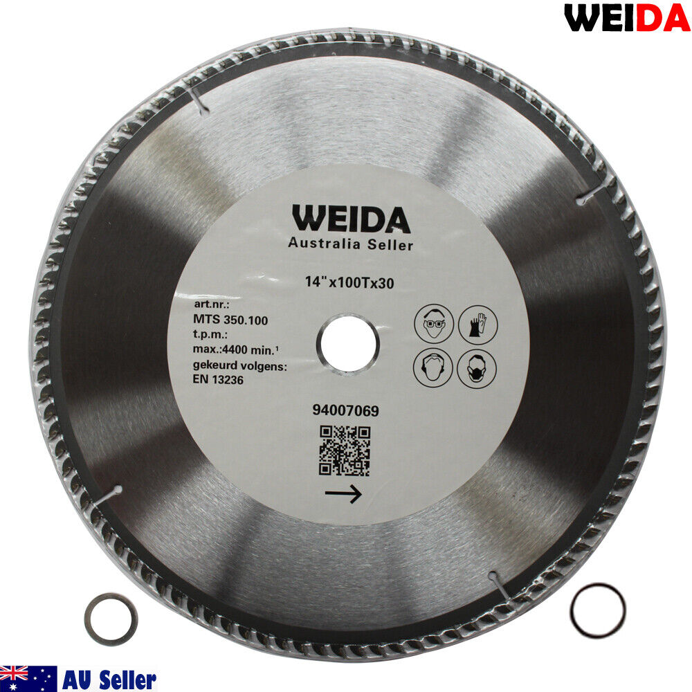 A 350mm 100T Wood Circular Saw Blade Cutting Disc 14" Bore 30/25.4mm K3.5mm Timber, ideal for wood cutting, features a silver, wavy-tooth edge with tungsten carbide-tipped teeth. The packaging details maximum speed, certifications, and includes a QR code. Two rings are shown beside the cutting disc.