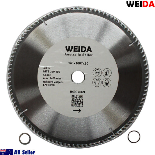 A 350mm 100T Wood Circular Saw Blade Cutting Disc 14" Bore 30/25.4mm K3.5mm Timber, ideal for wood cutting, features a silver, wavy-tooth edge with tungsten carbide-tipped teeth. The packaging details maximum speed, certifications, and includes a QR code. Two rings are shown beside the cutting disc.