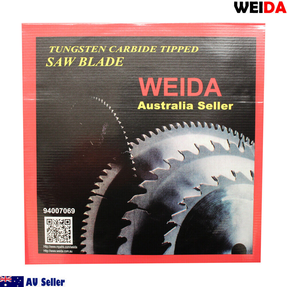 A 350mm 100T Wood Circular Saw Blade Cutting Disc 14" Bore 30/25.4mm K3.5mm Timber, ideal for wood cutting, features a silver, wavy-tooth edge with tungsten carbide-tipped teeth. The packaging details maximum speed, certifications, and includes a QR code. Two rings are shown beside the cutting disc.