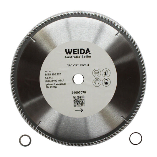 A 350mm 120T Wood Circular Saw Blade Cutting Disc 14" Bore 25.4/22.23mm K3.5mm Cut, perfect for cutting laminate, labeled "WEIDA Australia Seller" with specifications: 14" (350mm) in diameter, 120 tungsten carbide-tipped teeth, and a 25.4 mm bore. The blade's max speed is 4400 RPM and includes two metal washers. It features a silver color with a white center label.