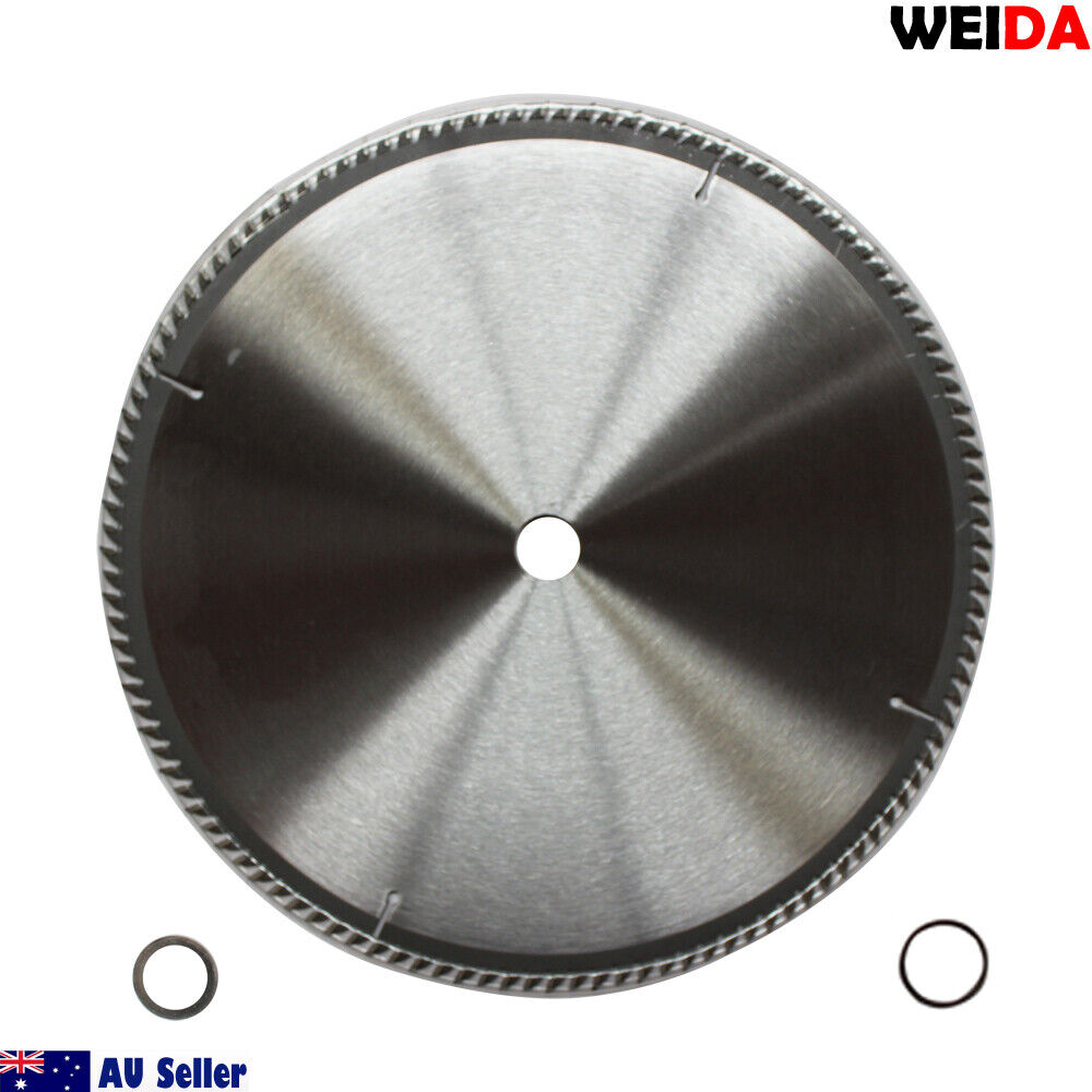 A 350mm 120T Wood Circular Saw Blade Cutting Disc 14" Bore 25.4/22.23mm K3.5mm Cut, perfect for cutting laminate, labeled "WEIDA Australia Seller" with specifications: 14" (350mm) in diameter, 120 tungsten carbide-tipped teeth, and a 25.4 mm bore. The blade's max speed is 4400 RPM and includes two metal washers. It features a silver color with a white center label.