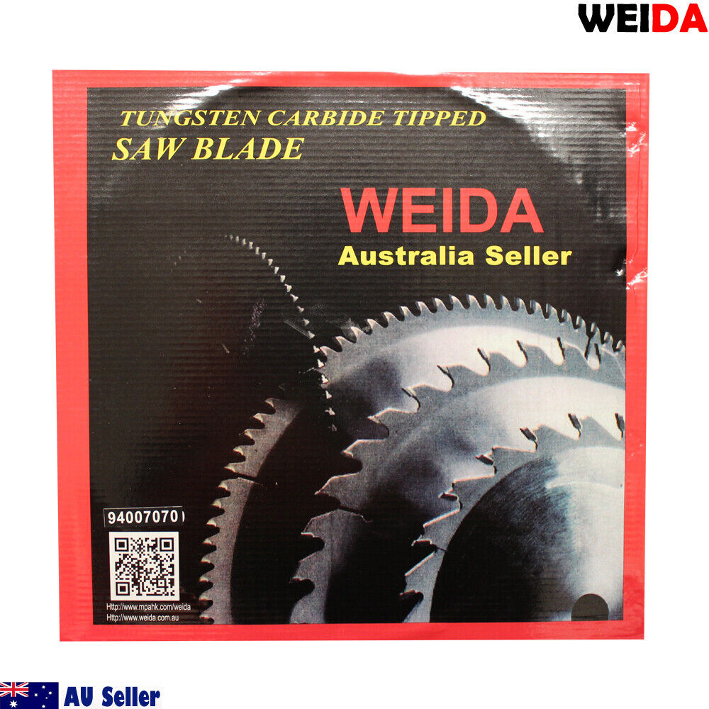 A 350mm 120T Wood Circular Saw Blade Cutting Disc 14" Bore 25.4/22.23mm K3.5mm Cut, perfect for cutting laminate, labeled "WEIDA Australia Seller" with specifications: 14" (350mm) in diameter, 120 tungsten carbide-tipped teeth, and a 25.4 mm bore. The blade's max speed is 4400 RPM and includes two metal washers. It features a silver color with a white center label.