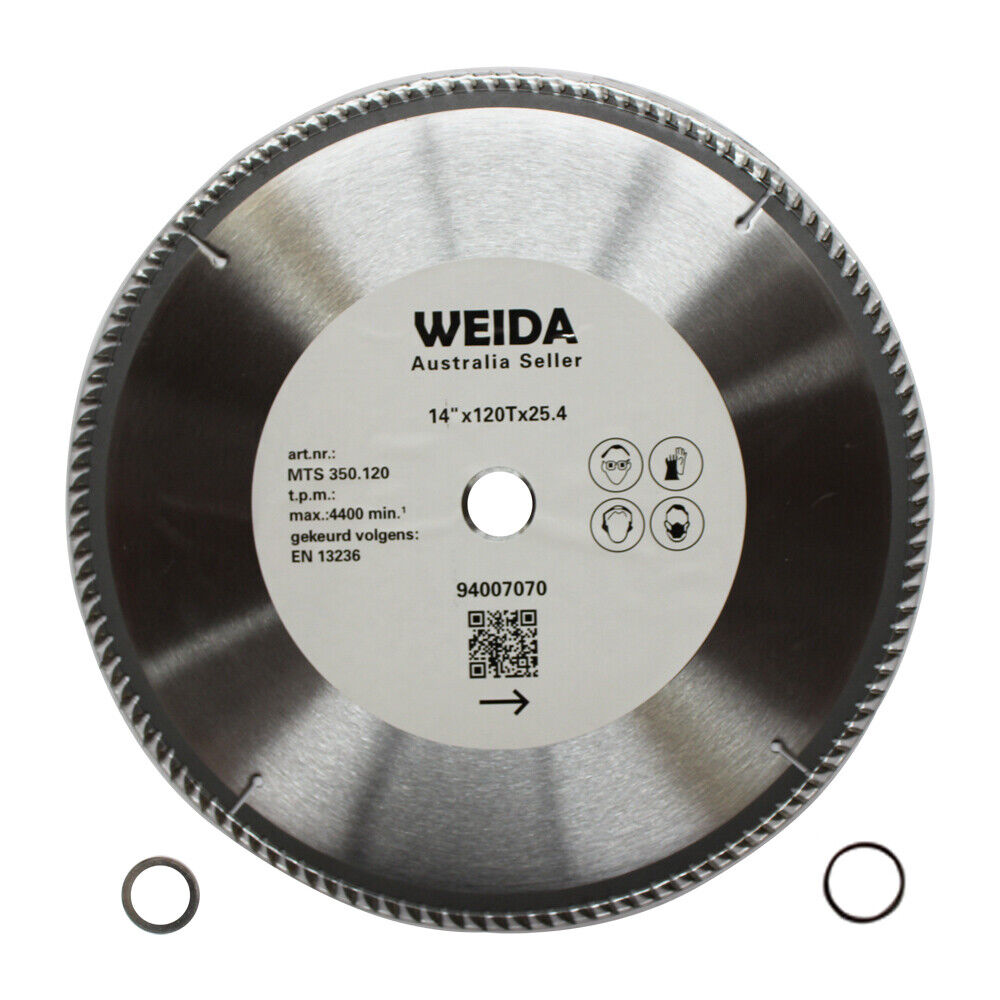 A 2x 350mm 120T Wood Circular Saw Blade Cutting Disc 14" Bore 25.4/22.23 mm K3.5mm from WEIDA, sold by an Australian seller. The tungsten carbide tipped (TCT) blade is perfect for cutting medium soft wood and has specifications printed on the center label: 14"x120Tx25.4mm, art.nr. MTS-350.120, max 4400 min-1. Two small circular components accompany the blade.