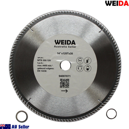 A 350mm 120T Wood Circular Saw Blade Cutting Disc 14" Bore 30/25.4mm K3.5mm Timber labeled "WEIDA" with specifications "14' x 120T x 30" and "max. 4400 min-1". The label features safety and standards icons. The wood cutting disc is shown with two smaller rings in the bottom left corner, alongside an "AU Seller" logo.
