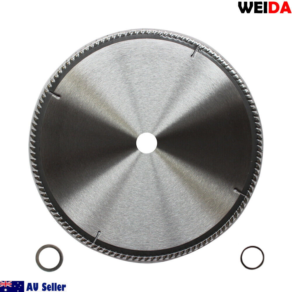 A 350mm 120T Wood Circular Saw Blade Cutting Disc 14" Bore 30/25.4mm K3.5mm Timber labeled "WEIDA" with specifications "14' x 120T x 30" and "max. 4400 min-1". The label features safety and standards icons. The wood cutting disc is shown with two smaller rings in the bottom left corner, alongside an "AU Seller" logo.
