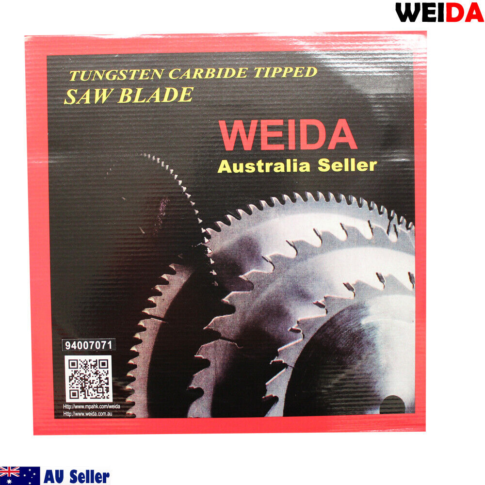 A 350mm 120T Wood Circular Saw Blade Cutting Disc 14" Bore 30/25.4mm K3.5mm Timber labeled "WEIDA" with specifications "14' x 120T x 30" and "max. 4400 min-1". The label features safety and standards icons. The wood cutting disc is shown with two smaller rings in the bottom left corner, alongside an "AU Seller" logo.
