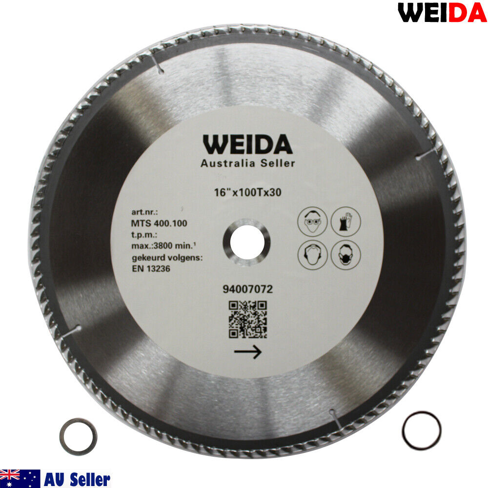 A circular cutting saw blade labeled "400mm 100T Wood Circular Saw Blade Cutting Disc 16" Bore 30/25.4mm K3.5mm Timber" at the top with specifications: 16" x 100T x 30, max. 3800 min⁻¹. The tungsten carbide tipped blade is ideal for cutting sandwich laminate. Includes symbols for usage guidelines and a QR code. Background is white, with "Australia Seller" and an Australian flag icon at the bottom left.
