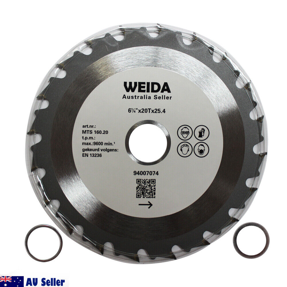 A 160mm Wood Circular Saw Blade Cutting Disc 6-1/4" 20T Bore 25.4/22.23mm K 2.5mm labeled "WEIDA," featuring tungsten carbide tipped teeth for cutting wood, with specifications listed around the center, including 6.5"x20Tx25.4. Below the blade are two washer rings. An "AU Seller" indication with an Australian flag is also visible in the image.
