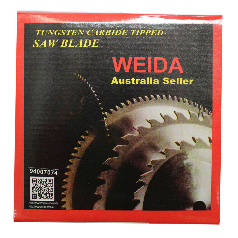 A circular saw blade labeled "2x 160mm Wood Circular Saw Blade Cutting Disc 6-1/4" 20T Bore 25.4mm Kerf 2.5mm," sold by an Australia-based seller. The tungsten carbide tipped blade specifications include 6 1/2 x 20Tx25.4, MTS 160.20, max 9600/min, and compliance with EN 13236. Two metal rings are placed in front of the blade.