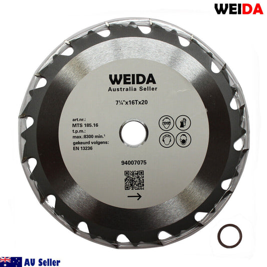 A 185mm Wood Circular Saw Blade Cutting Disc 7-1/4” 16T Bore 20/16mm Quality with 14 tungsten carbide tipped tooth segments is displayed. It features information such as WEIDA, art.nr.: MTS 185.16, and max. 8300/min. Symbols and a QR code are visible on the blade's surface. A small rubber ring is placed near the bottom right corner.