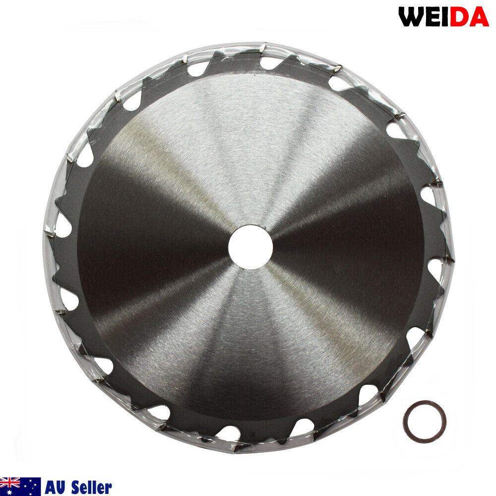 A tungsten carbide tipped, 2x 185mm Wood Circular Saw Blade Cutting Disc 7-1/4” 16T Bore 20/16mm Timber Cut labeled "WEIDA," features specifications like "7 1/4''x16Tx20" and details such as "art.nr.: MTS 185.16" and "max. 8300 min-1." The image also has safety symbols, a small ring next to the blade, and logos indicating "Australia Seller.