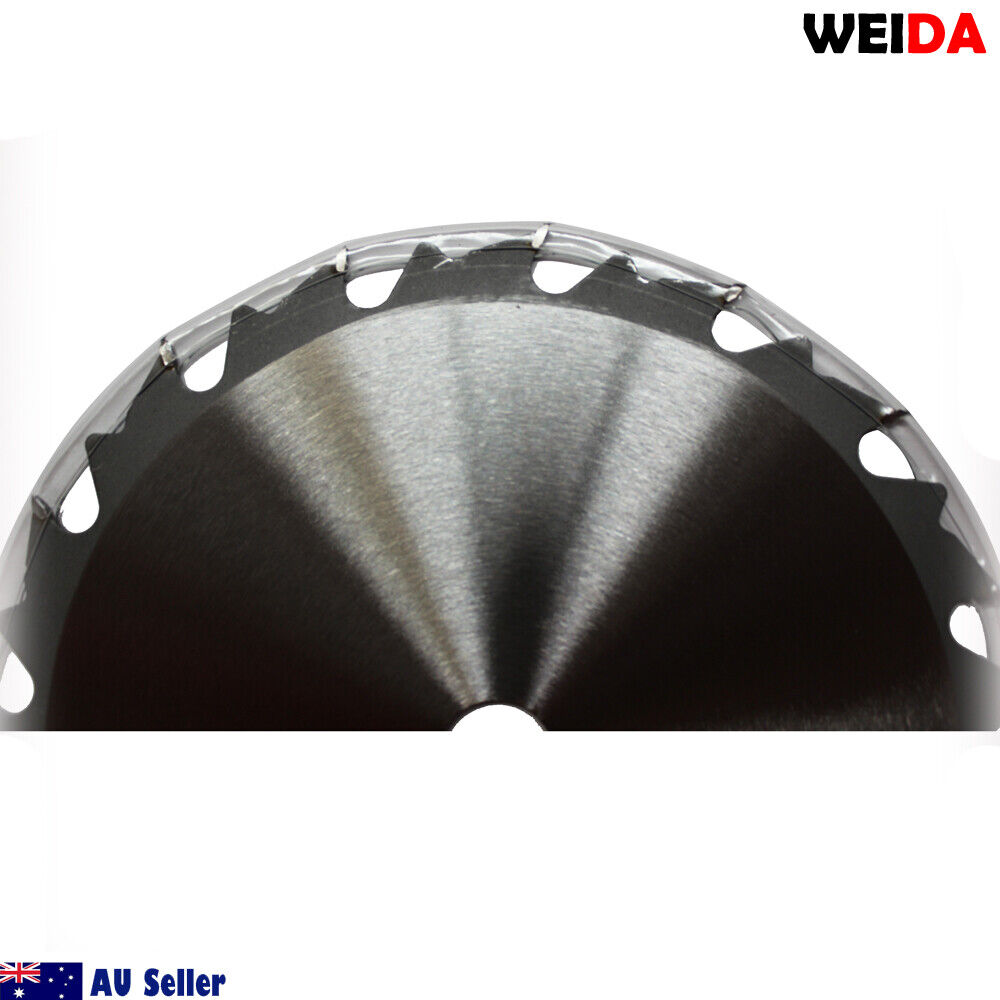 A tungsten carbide tipped, 2x 185mm Wood Circular Saw Blade Cutting Disc 7-1/4” 16T Bore 20/16mm Timber Cut labeled "WEIDA," features specifications like "7 1/4''x16Tx20" and details such as "art.nr.: MTS 185.16" and "max. 8300 min-1." The image also has safety symbols, a small ring next to the blade, and logos indicating "Australia Seller.