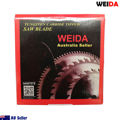 A tungsten carbide tipped, 2x 185mm Wood Circular Saw Blade Cutting Disc 7-1/4” 16T Bore 20/16mm Timber Cut labeled "WEIDA," features specifications like "7 1/4''x16Tx20" and details such as "art.nr.: MTS 185.16" and "max. 8300 min-1." The image also has safety symbols, a small ring next to the blade, and logos indicating "Australia Seller.