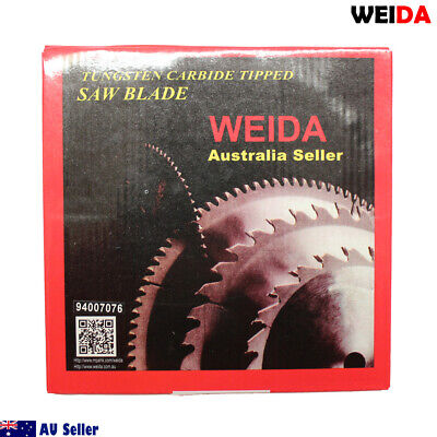 A round 3x 185mm 24T Wood Circular Cutting DiscSaw Blade 7-1/4” Bore 20/16mm Timber Cut with a 7¼ inch diameter, 24 teeth, and a tungsten carbide tipped cutting edge. The blade includes detailed specifications printed on it, such as a maximum speed of 8300 RPM and a 20mm arbor. An additional washer is included alongside visible logos and text.
