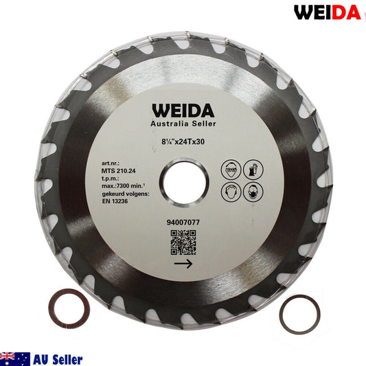 210mm Wood Circular Saw Blade Cutting Disc 8-1/4” 24T Bore 30/25.4/22.23 Quality with the branding "WEIDA" engraved on it. This wood circular saw blade features specifications "8 1/2 x 24Tx30" and is tungsten carbide tipped. Details include max 7300 rpm, art.nr: MTS 210.24, in compliance with EN 13236. The background includes extra washers and text stating "Australia Seller.