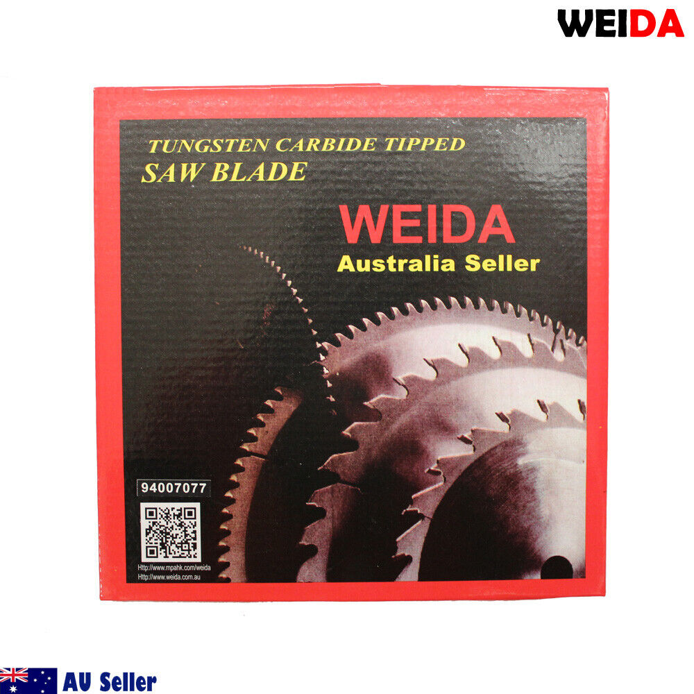 A 3x 210mm 24T Wood Circular Saw Blade Cutting Disc 8-1/4” Bore 30/25.4/22.2mm Cut branded "WEIDA" with 24 teeth and an 8½ inch diameter, featuring a 30mm bore. The wood circular saw blade is tungsten carbide tipped for durability. The image also includes two ring adapters, the text "Australia Seller," "AU Seller," and a QR code.