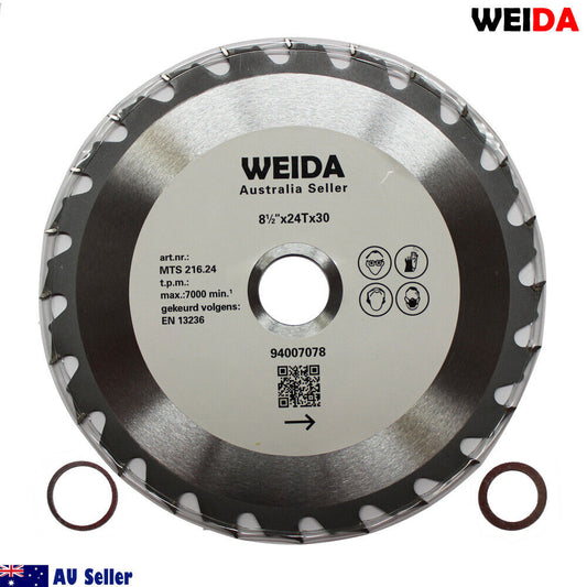 Here is the revised sentence:

Image of a 216mm Wood Circular Saw Blade Cutting Disc 8-1/2” 24T Bore 30/25.4/22.23mm with the label indicating details such as art.nr: MTS 216.24, t.p.m: max.7000 min⁻¹, EN 13236, and a QR code. Two circular metal rings are placed on either side of the tungsten carbide tipped blade. The text "WEIDA Australia Seller" is visible on the blade.

