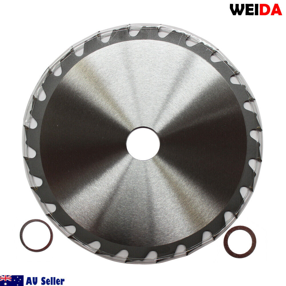 Here is the revised sentence:

Image of a 216mm Wood Circular Saw Blade Cutting Disc 8-1/2” 24T Bore 30/25.4/22.23mm with the label indicating details such as art.nr: MTS 216.24, t.p.m: max.7000 min⁻¹, EN 13236, and a QR code. Two circular metal rings are placed on either side of the tungsten carbide tipped blade. The text "WEIDA Australia Seller" is visible on the blade.

