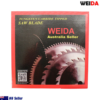 Here is the revised sentence:

Image of a 216mm Wood Circular Saw Blade Cutting Disc 8-1/2” 24T Bore 30/25.4/22.23mm with the label indicating details such as art.nr: MTS 216.24, t.p.m: max.7000 min⁻¹, EN 13236, and a QR code. Two circular metal rings are placed on either side of the tungsten carbide tipped blade. The text "WEIDA Australia Seller" is visible on the blade.

