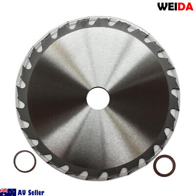 A **3x 216mm 24T Wood Circular Cutting DiscSaw Blade 8-1/2” Bore 30/25.4/22.2mm Cut** with the brand name "WEIDA" displayed at the top. The tungsten carbide tipped blade is 8 1/2 inches in diameter with 24 teeth. The model number "MTS 216.24" and several technical specifications are also shown. Two smaller rings are positioned at the bottom.